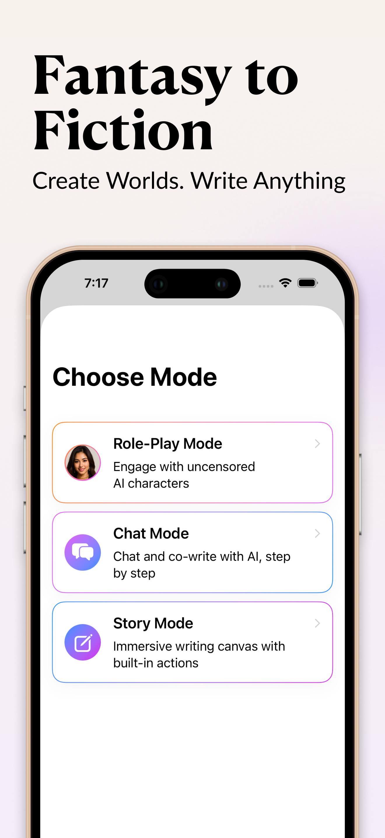 InkPal AI story generator screenshot showing fantasy to fiction writing modes