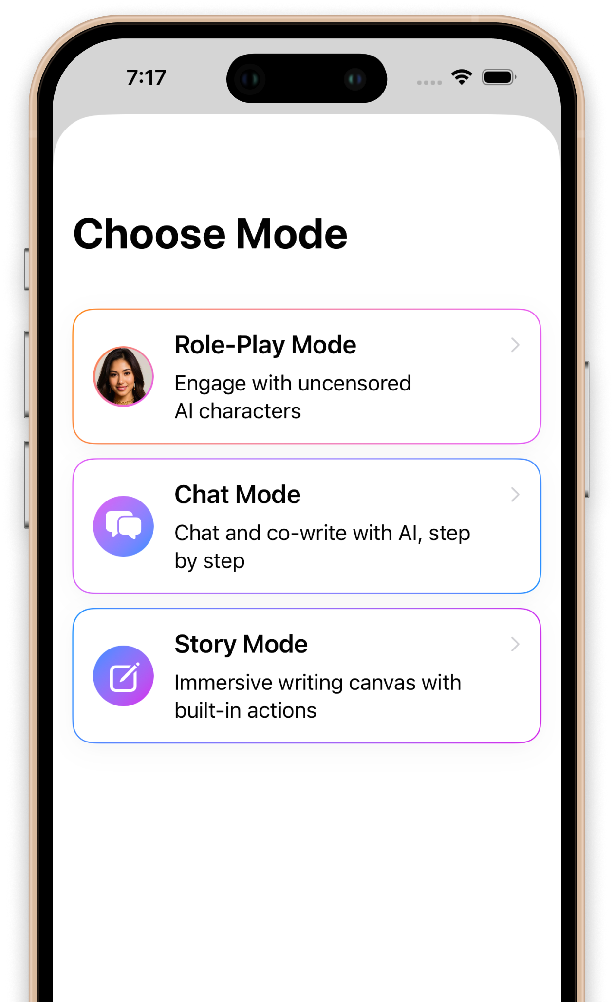 InkPal iPhone app screenshot showing Role-Play Mode, Chat Mode, and Story Mode