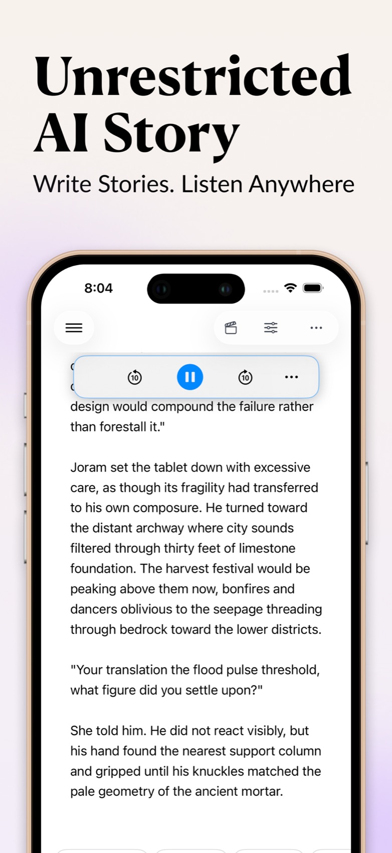 InkPal story canvas with a floating audio player paused over a chapter of prose