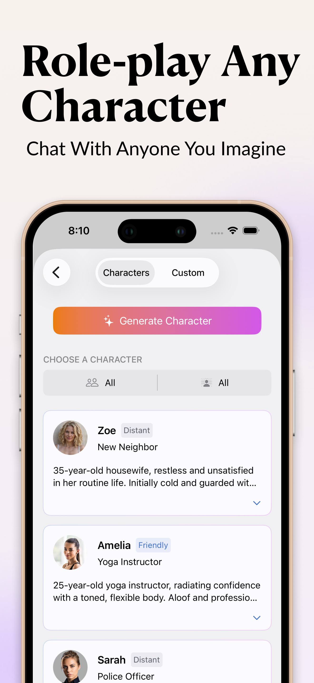 InkPal screenshot showing role-play character selection
