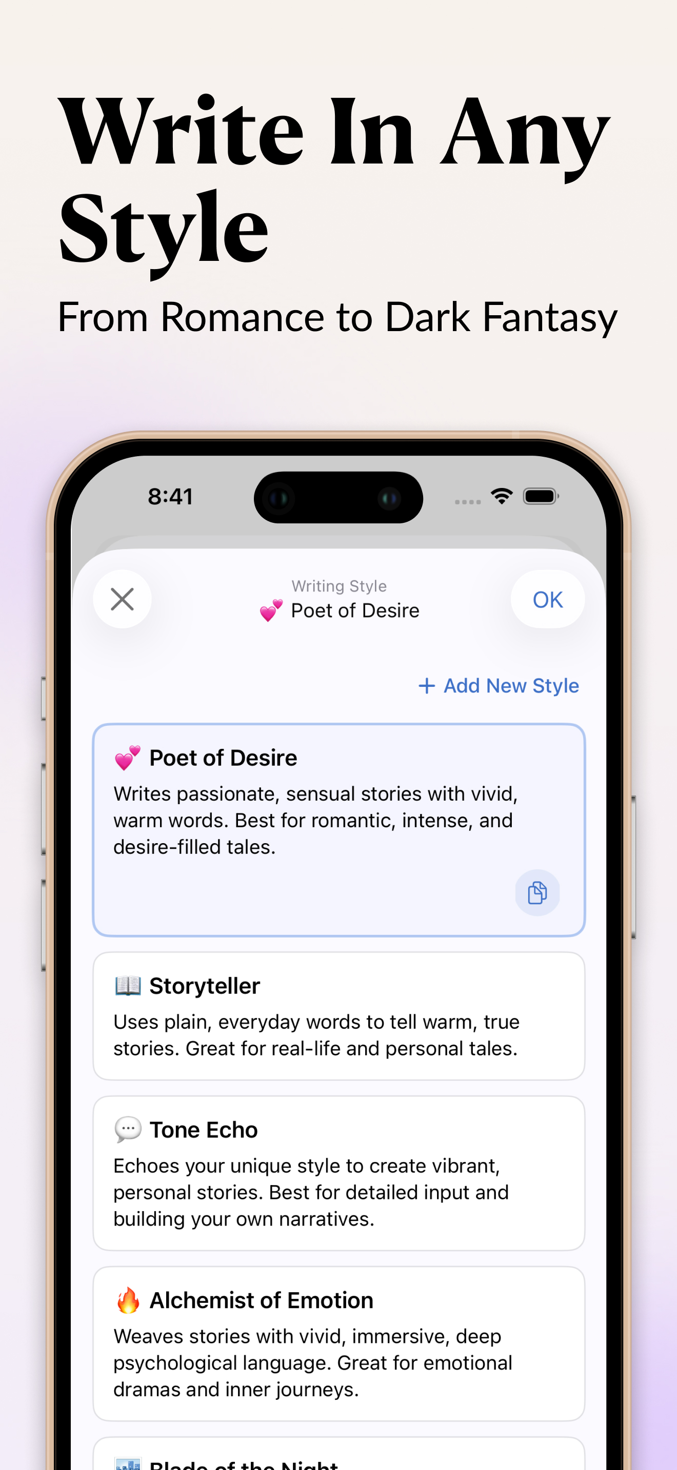 InkPal screenshot showing writing style choices